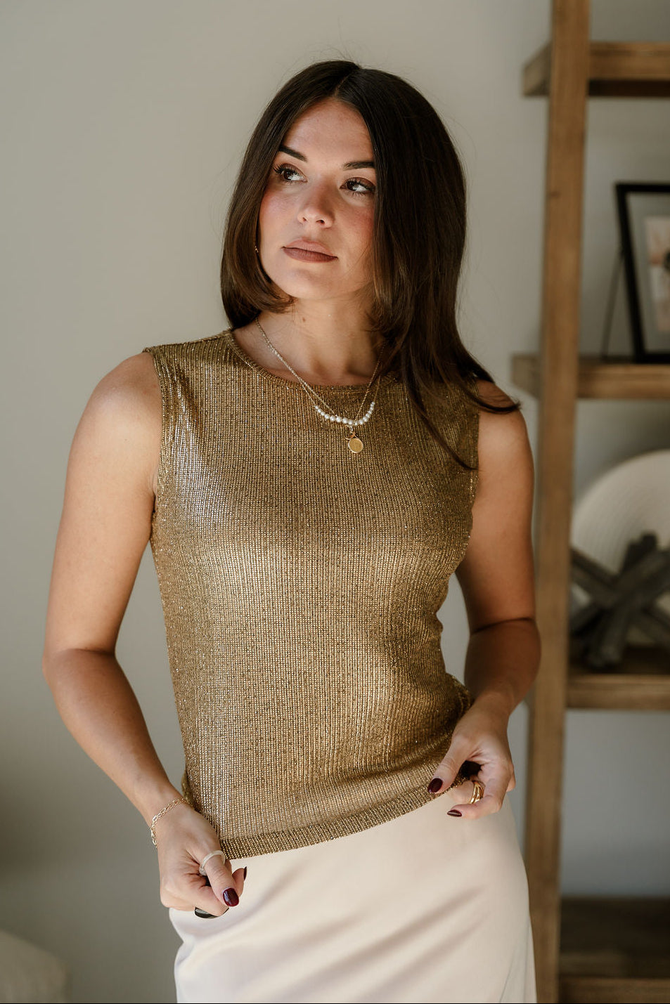 Everly Gold Round Neckline Tank- front top view