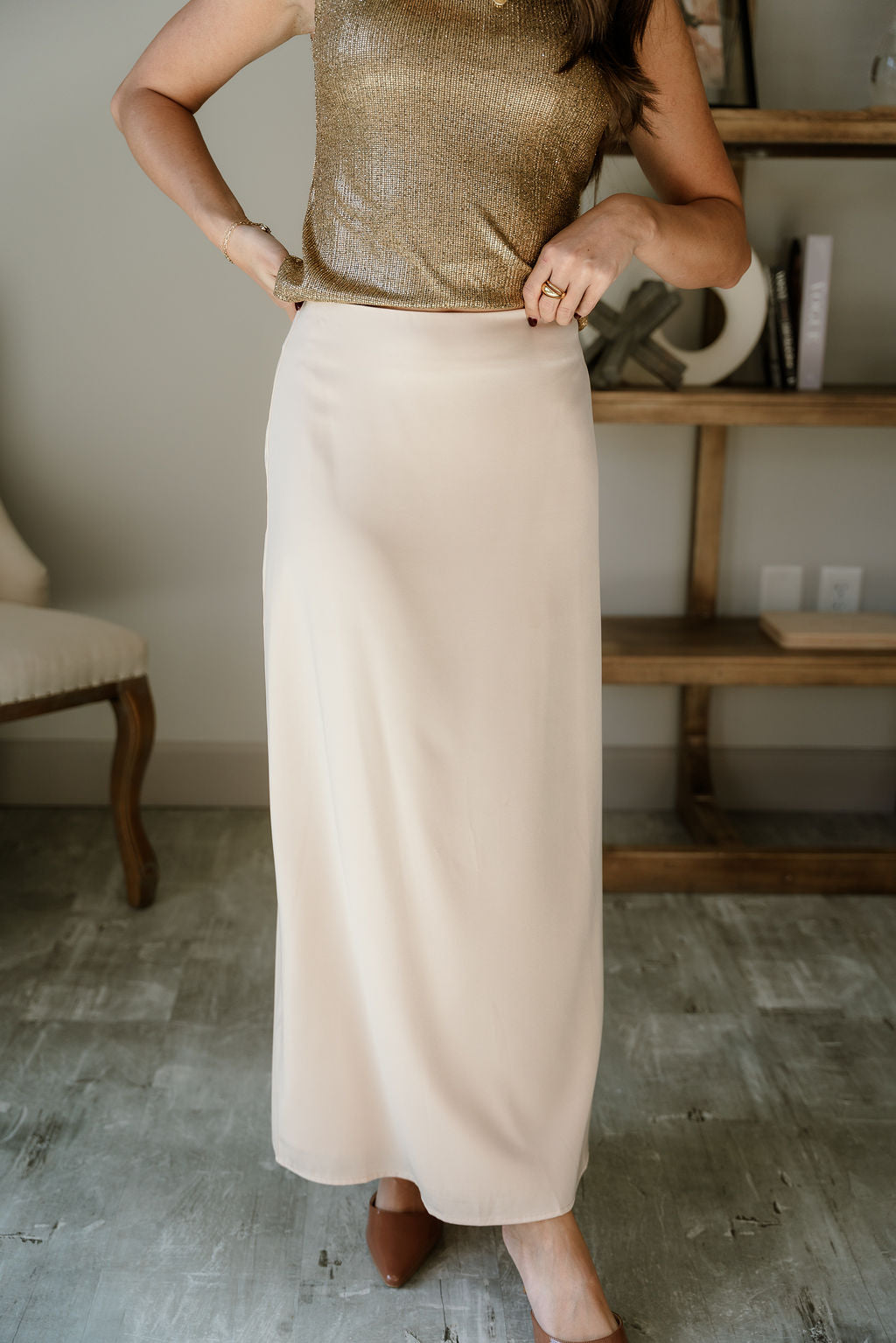 Ana Cream Satin Midi Skirt- close up front view