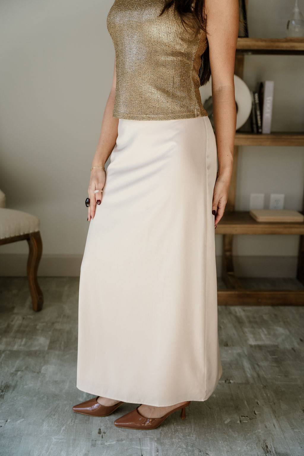Ana Cream Satin Midi Skirt- side view