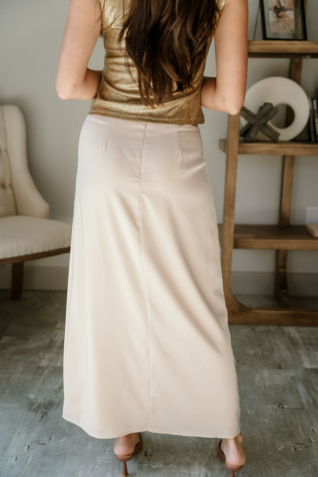Ana Cream Satin Midi Skirt- back view