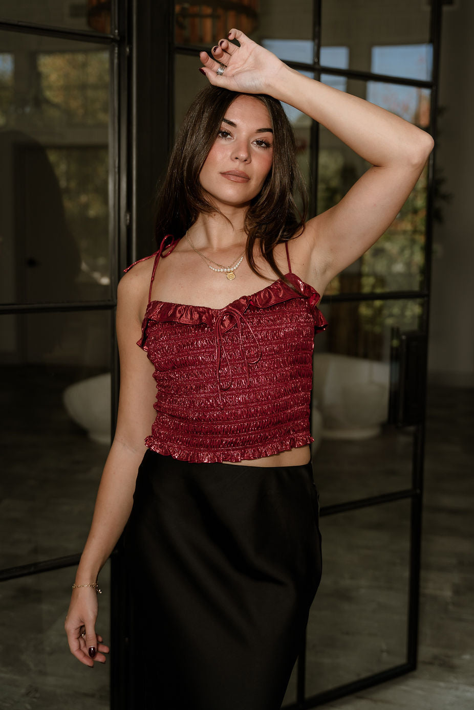 Lucia Deep Red Shimmer Smocked Tank- frontal view