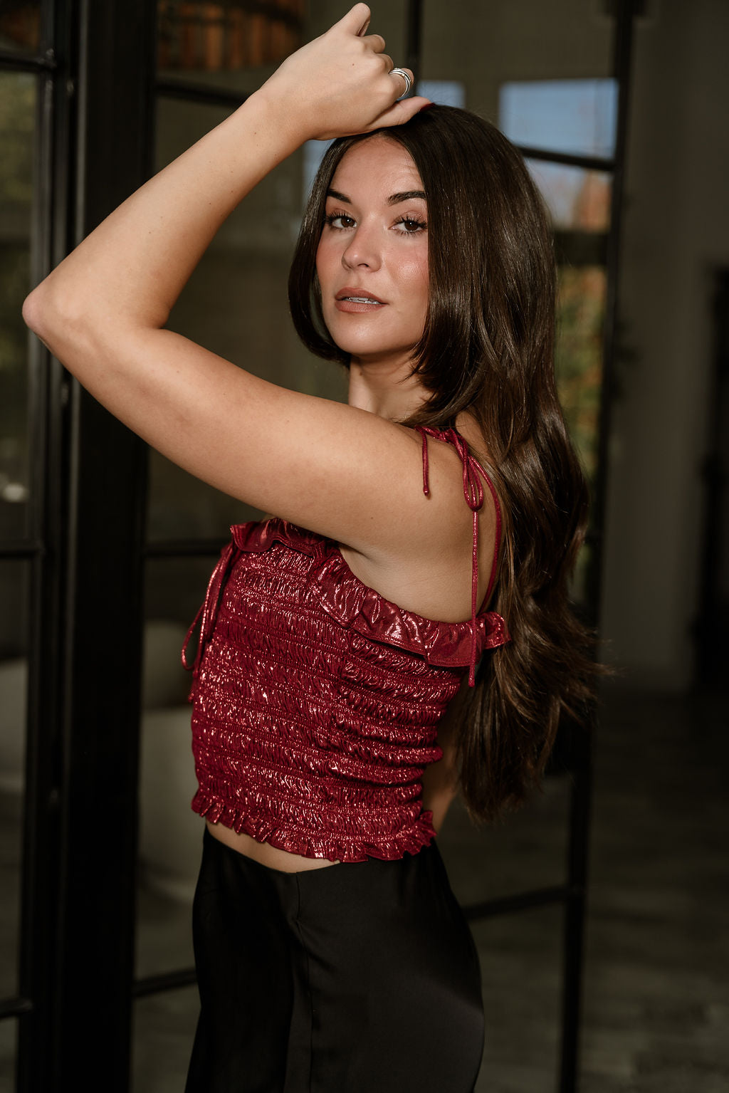 Lucia Deep Red Shimmer Smocked Tank- top side view