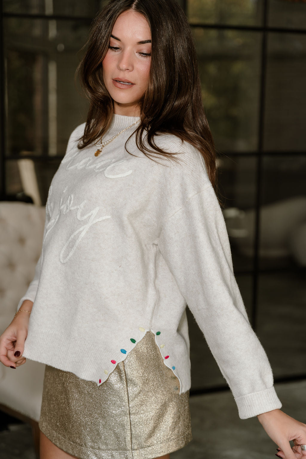Melody Cream Peace & Joy Knit Sweater- side view