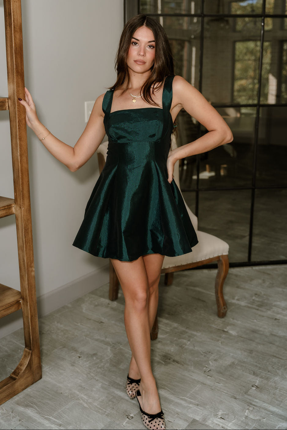 Alaia Hunter Green Sheen Flare Mini Dress- full body view