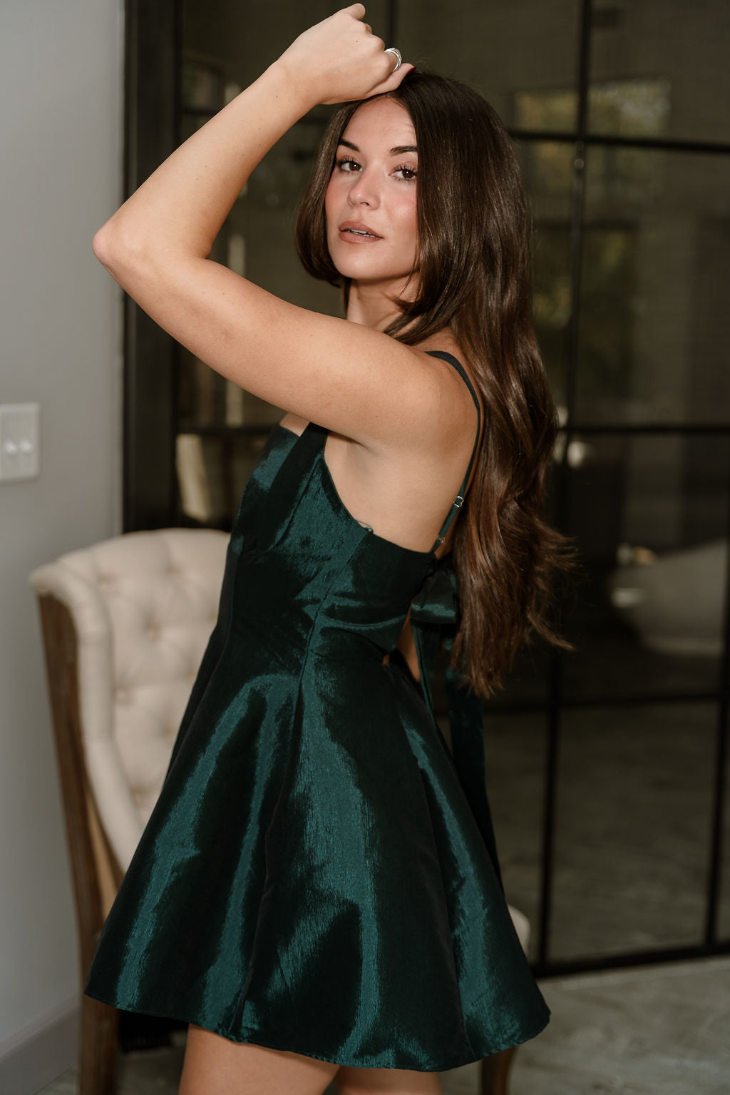 Alaia Hunter Green Sheen Flare Mini Dress- side view