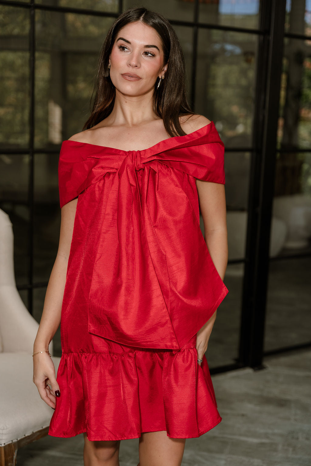 Amara Red Bow Flare Mini Dress- front view