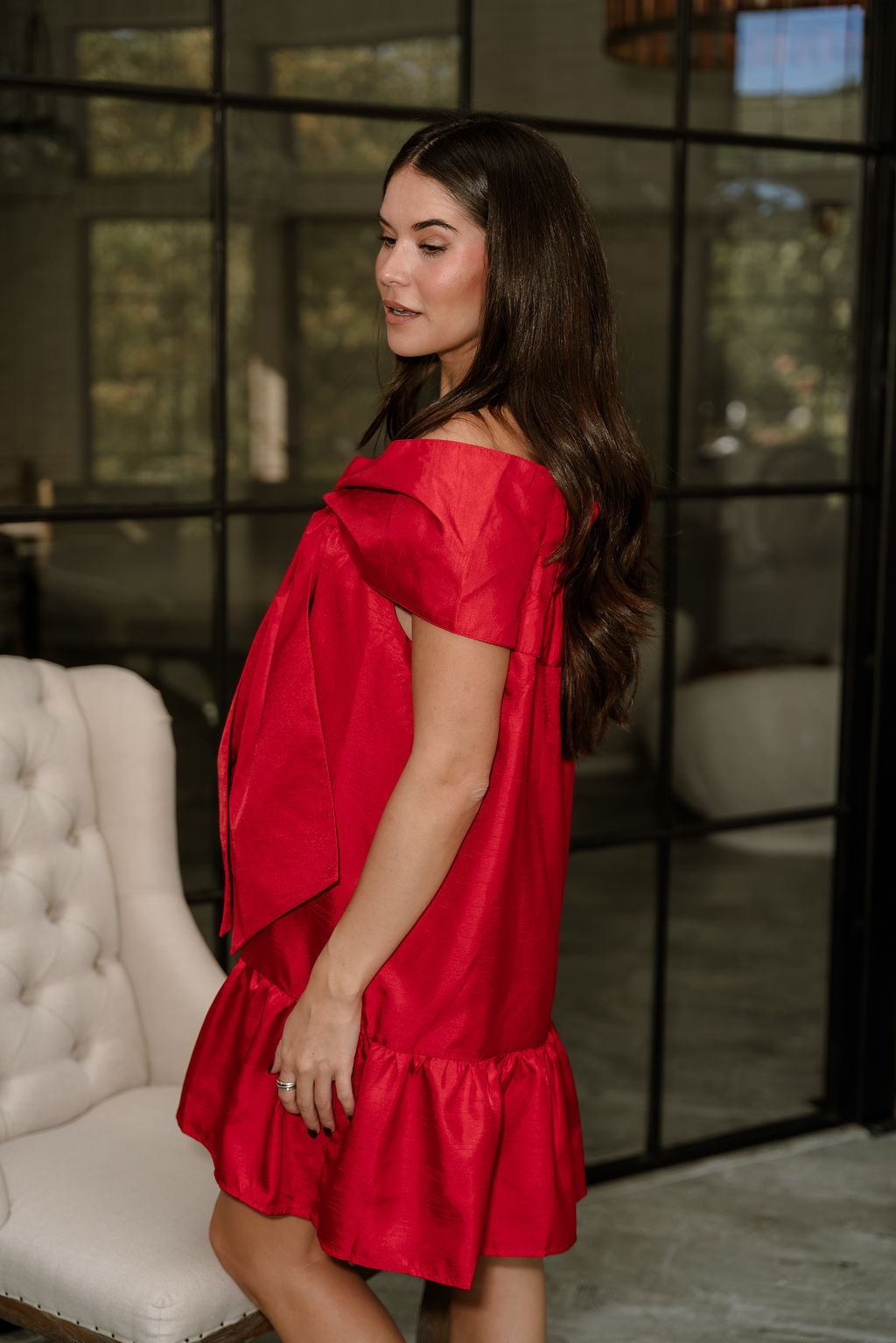 Amara Red Bow Flare Mini Dress- side view