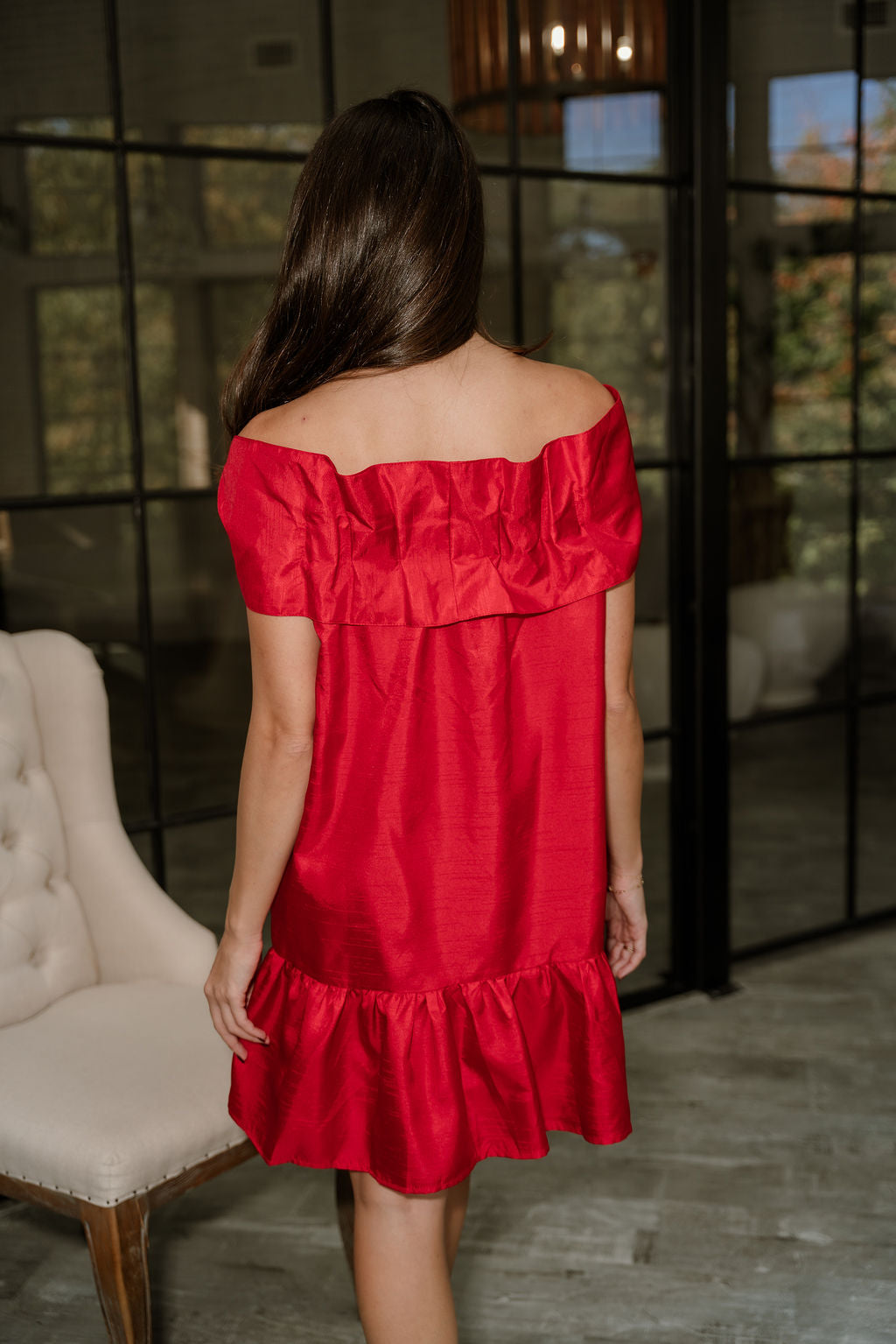 Amara Red Bow Flare Mini Dress- back view