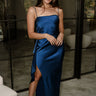 Samantha Navy Blue Satin Ruffle Maxi Dress- full body view