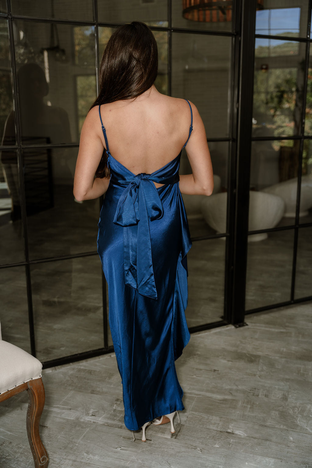 blue satin dress women Blue Satin Boat Neck Slip Midi Dress
