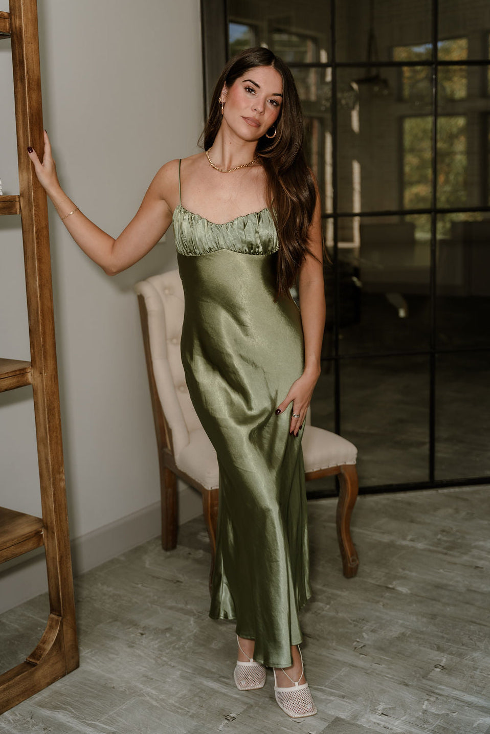 Sienna Olive Green Satin Maxi Dress- full body view