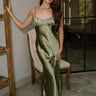 Sienna Olive Green Satin Maxi Dress- full body view