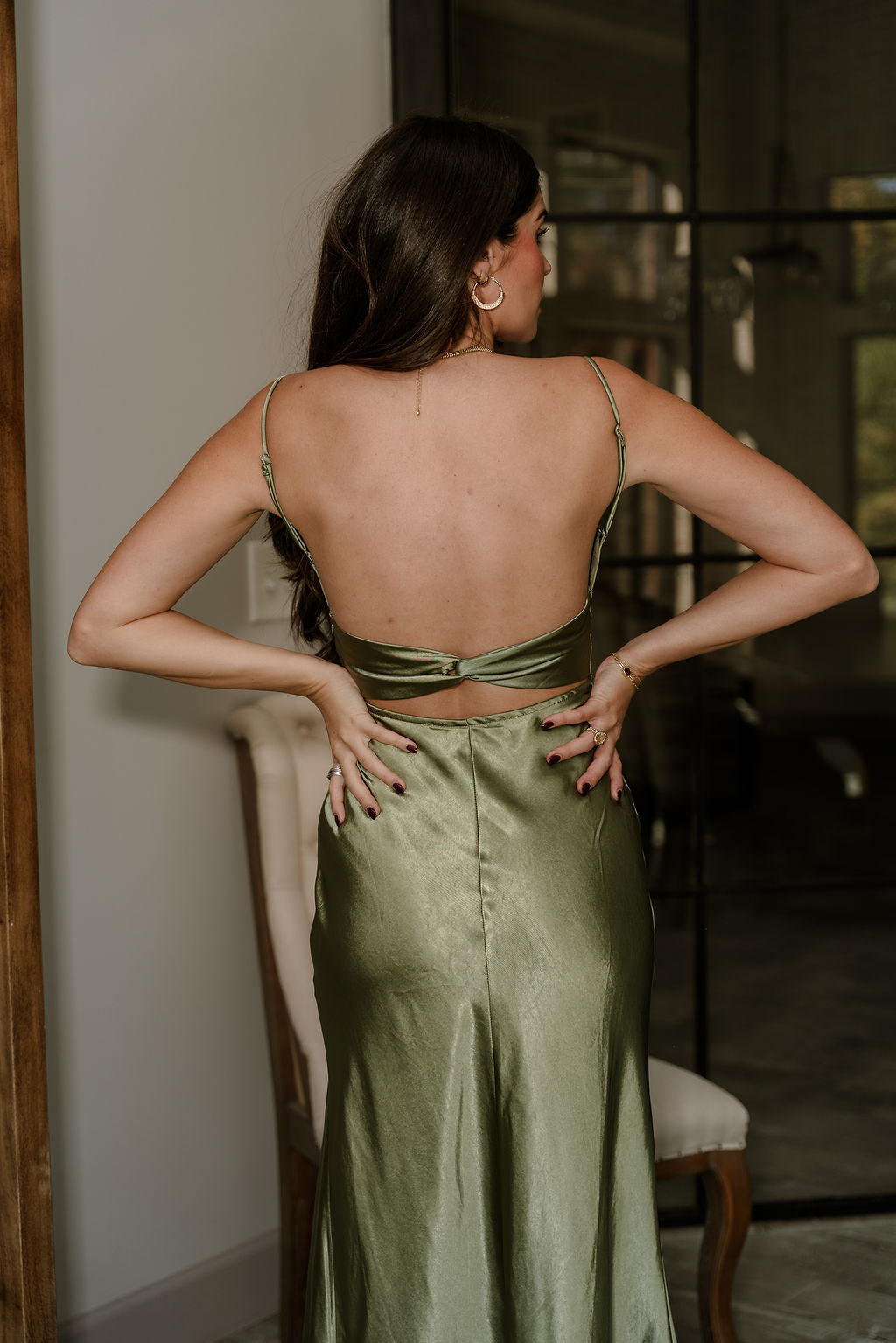 Sienna Olive Green Satin Maxi Dress- top back view