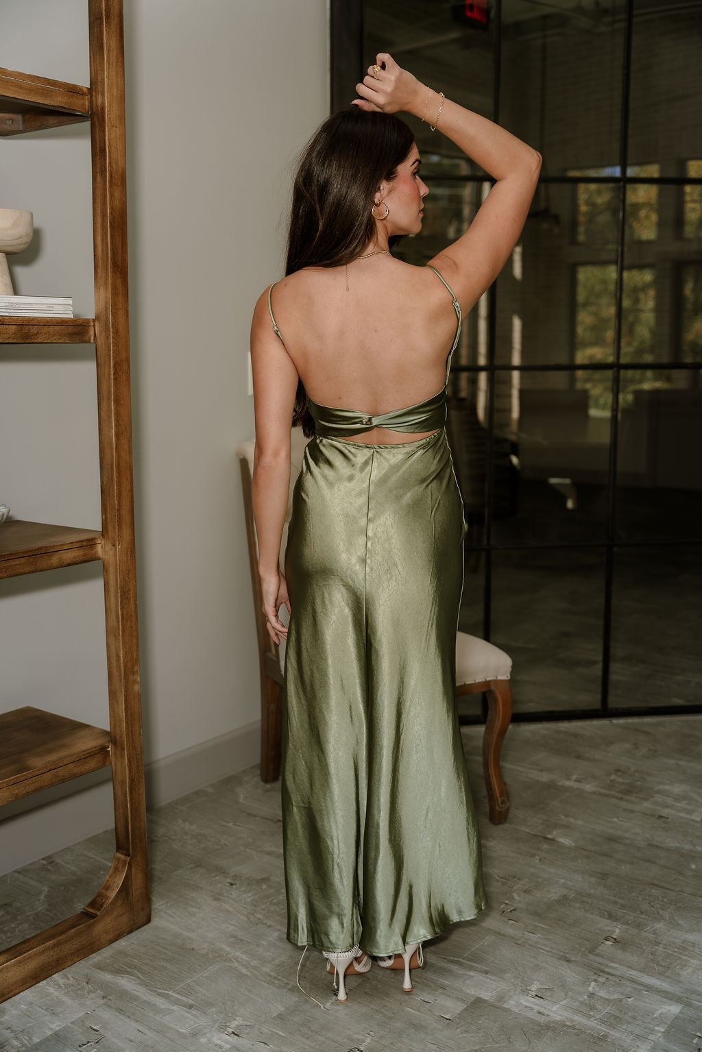Sienna Olive Green Satin Maxi Dress- back view