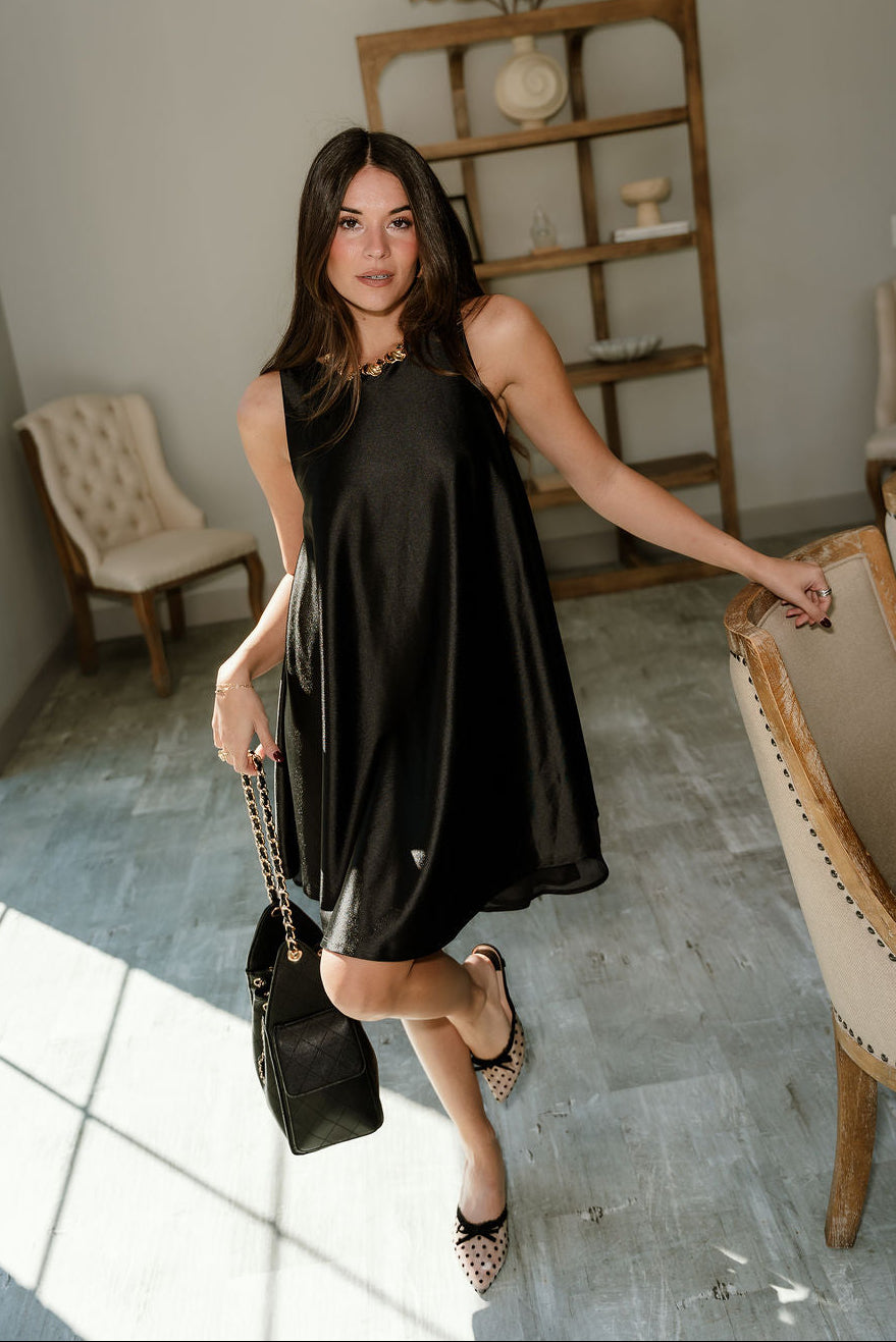 Lilah Black Satin Mini Dress- full body view