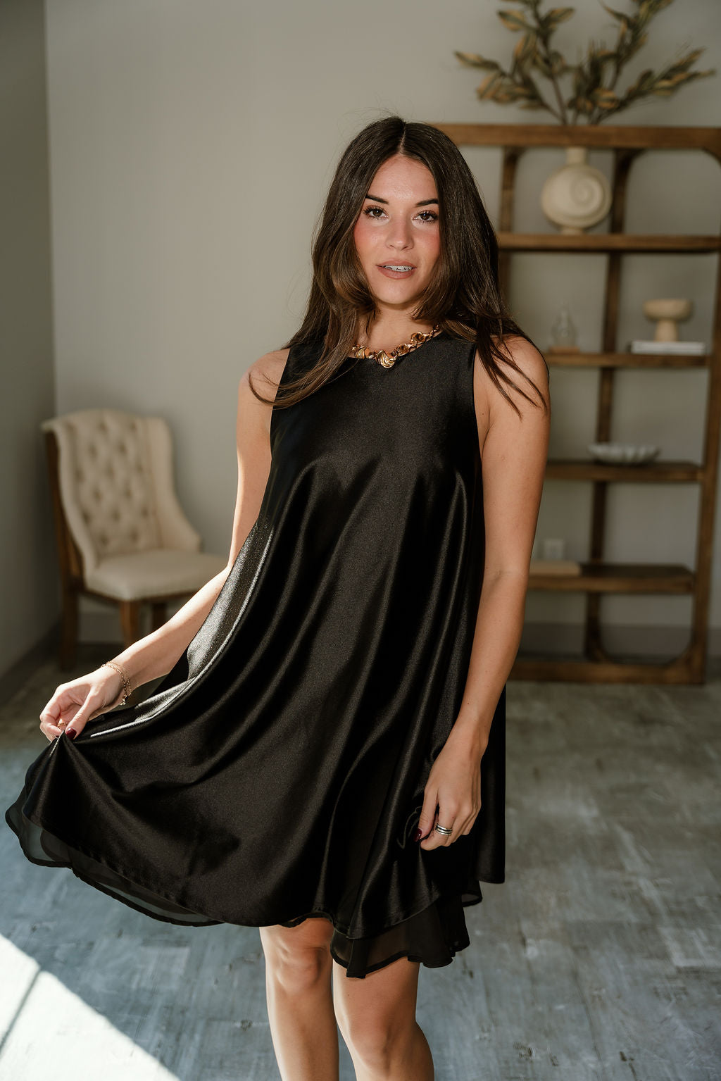 Lilah Black Satin Mini Dress- top view