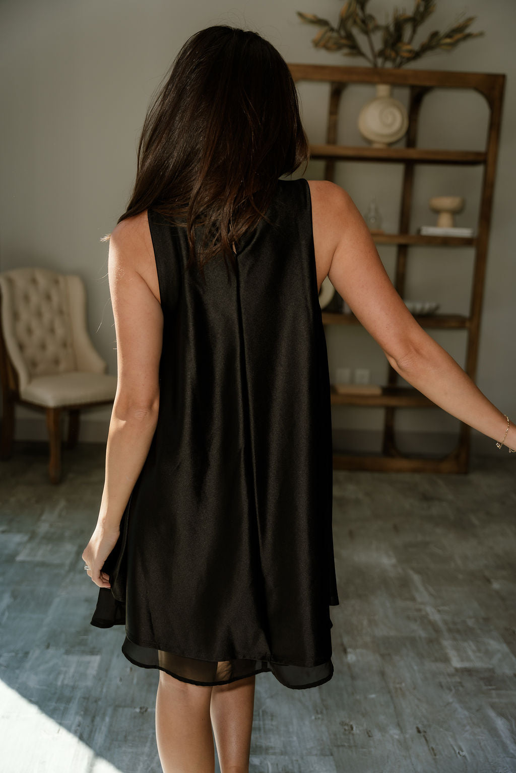 Lilah Black Satin Mini Dress- top back view