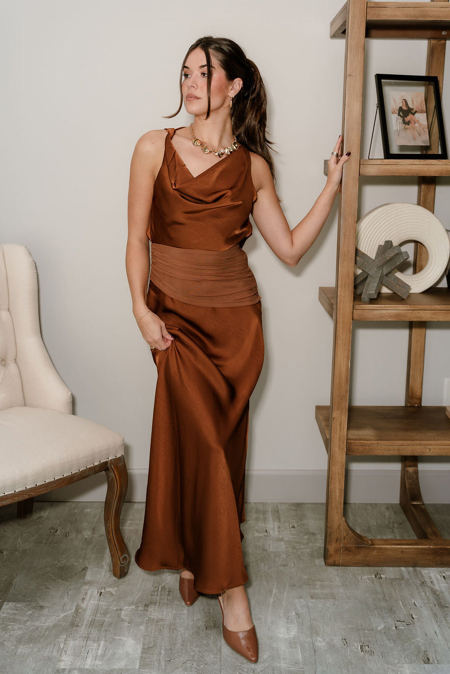 Celeste Brown Satin & Mesh Maxi Dress- full body view