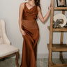 Celeste Brown Satin & Mesh Maxi Dress- full body view