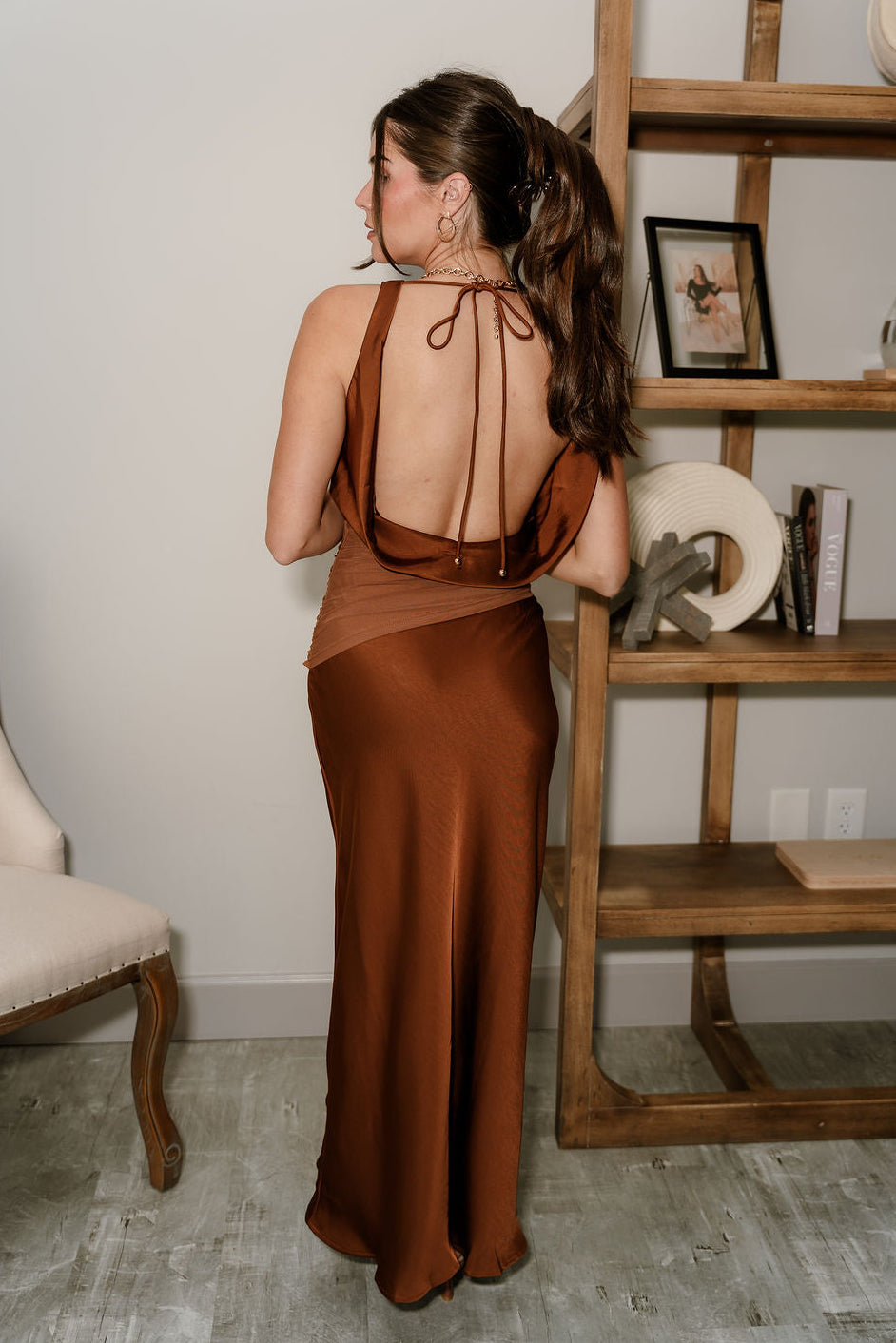 Celeste Brown Satin & Mesh Maxi Dress- full back body view