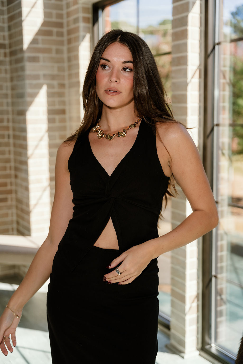 Kaia Black Split Hem Tank- front top view