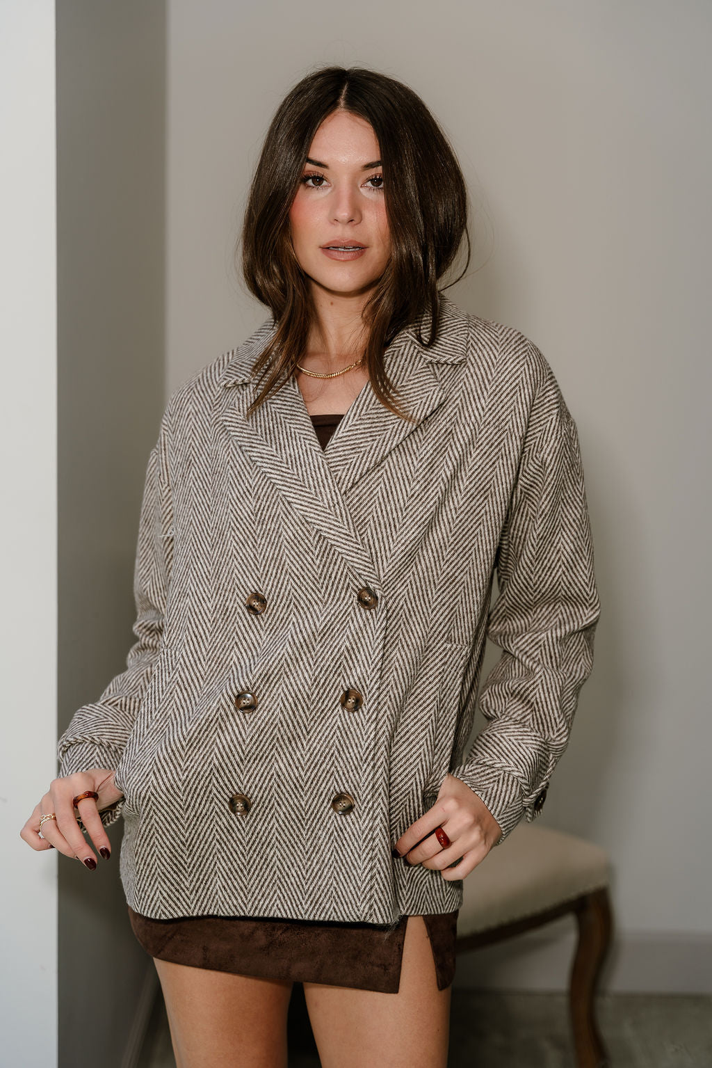 Brooklyn Brown Chevron Double Breasted Jacket - front view (buttoned)