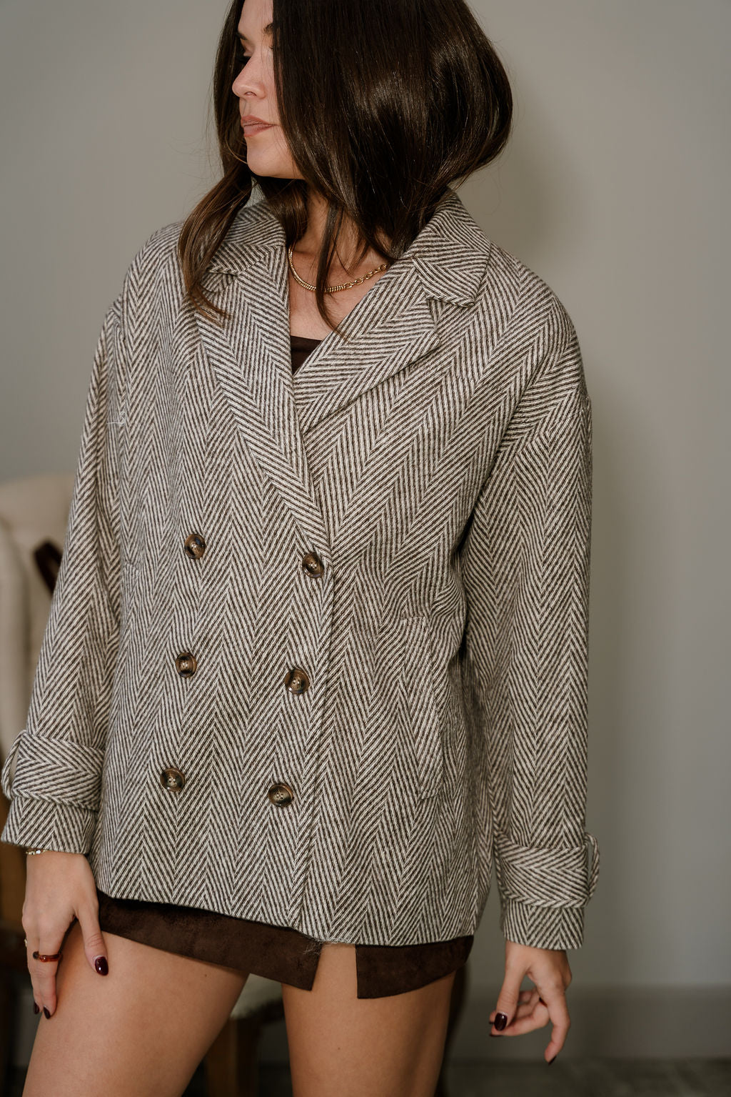 Brooklyn Brown Chevron Double Breasted Jacket - close front view (buttoned)