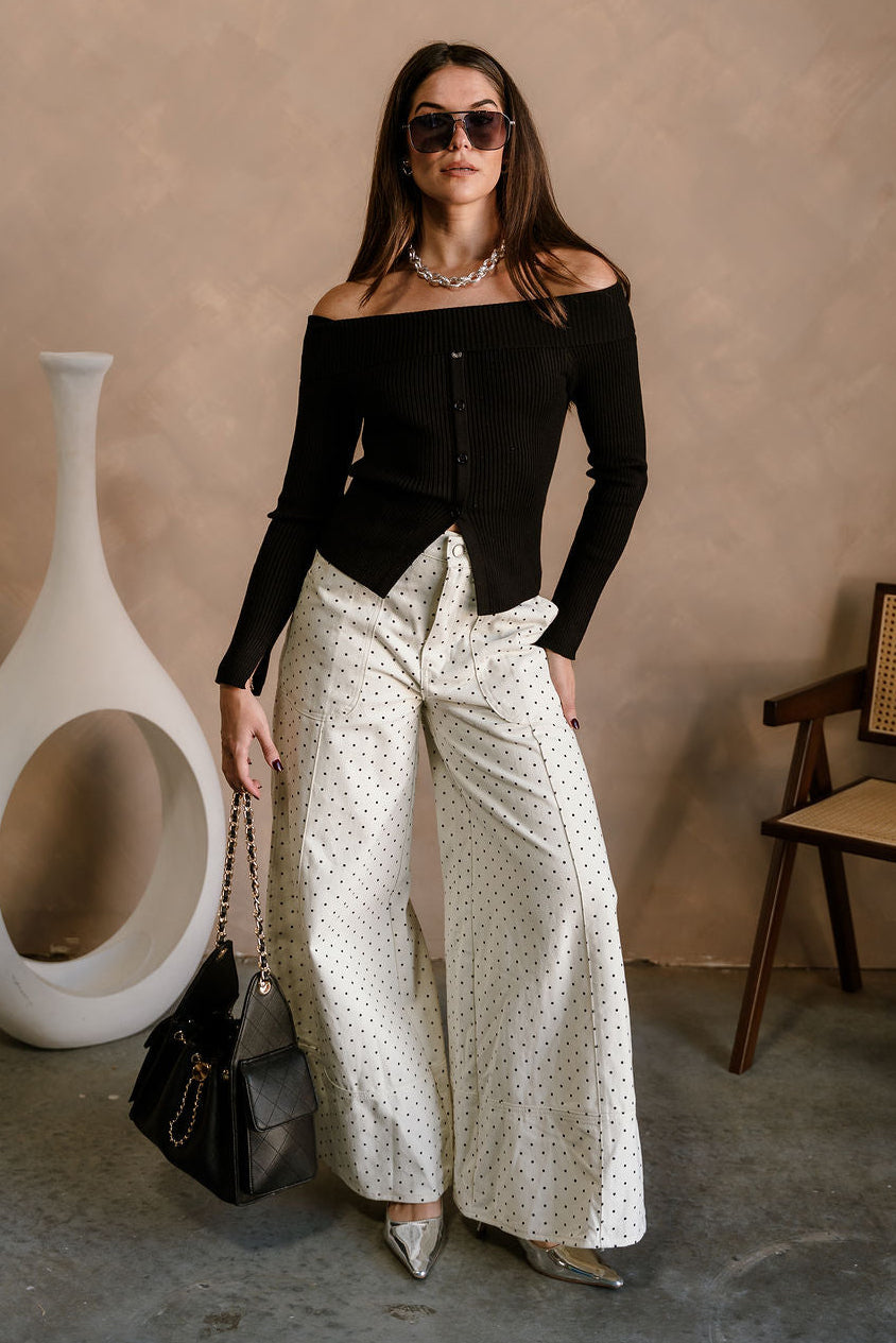 Olivia Cream Polka Dot Wide Leg Jeans - full body front view