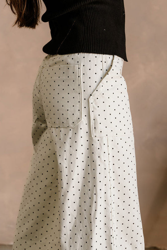 Olivia Cream Polka Dot Wide Leg Jeans -close up side view