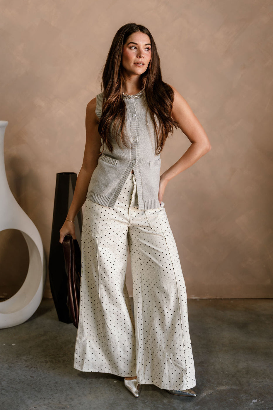 Dorothea Grey Split Hem Sweater Vest - full body front view