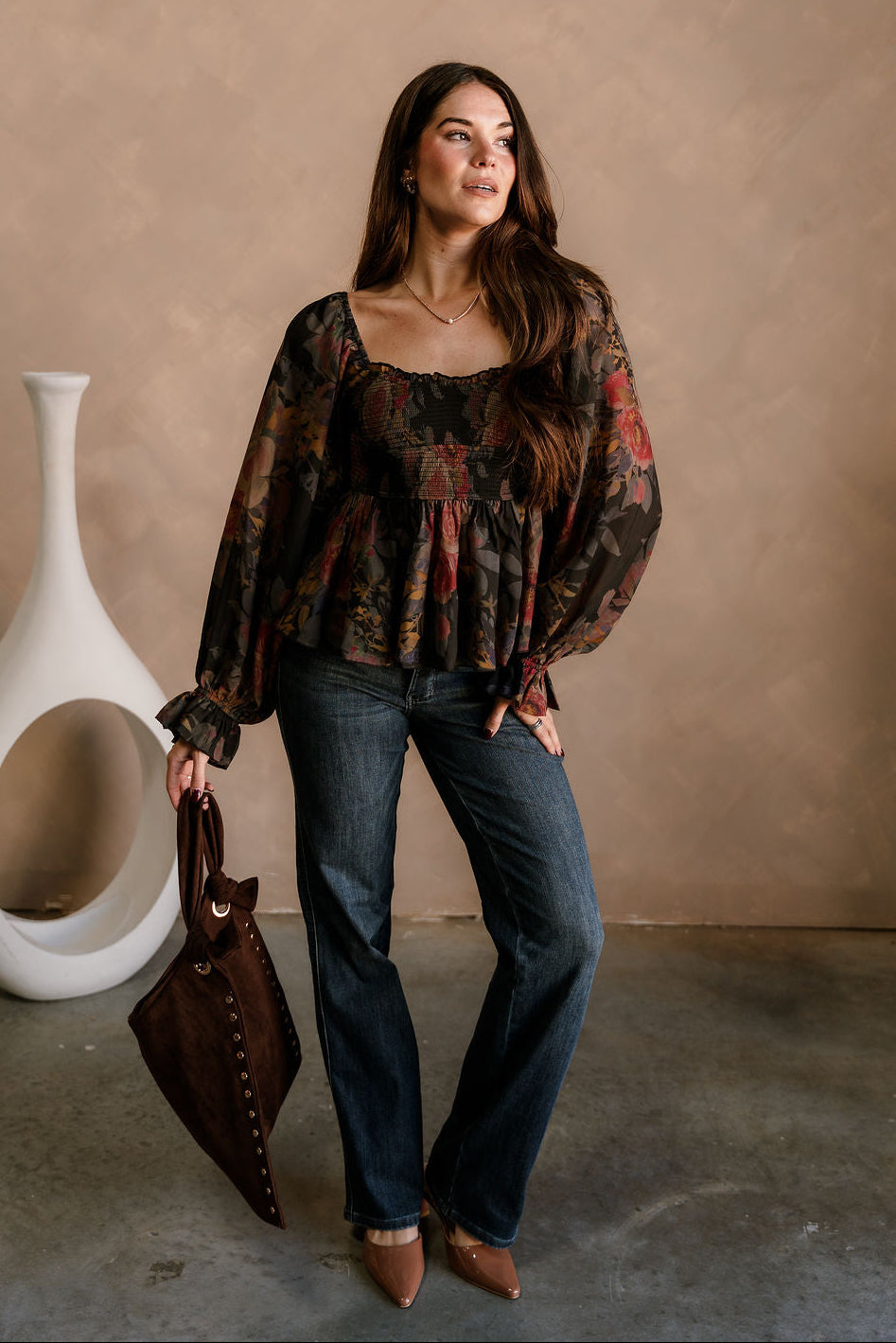 Tatum Black Multi Floral Long Sleeve Top - full body front view