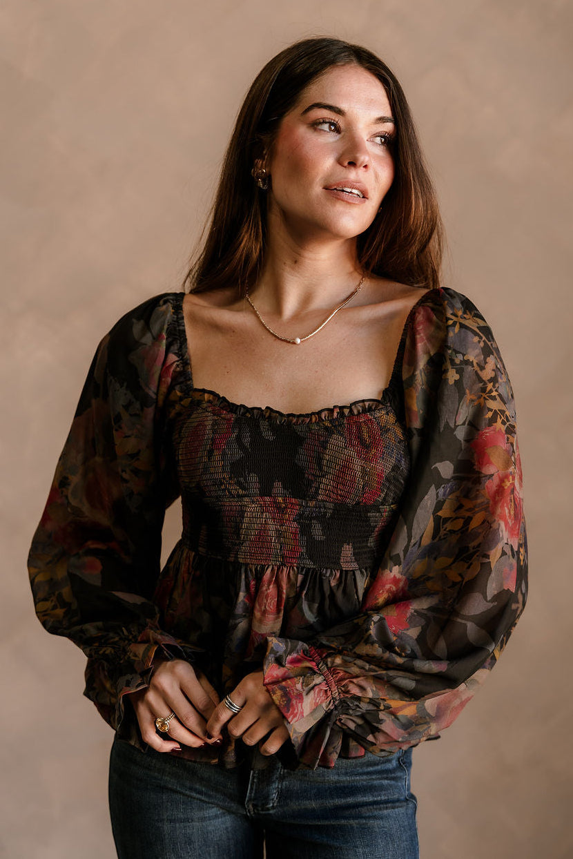 Tatum Black Multi Floral Long Sleeve Top - close front view