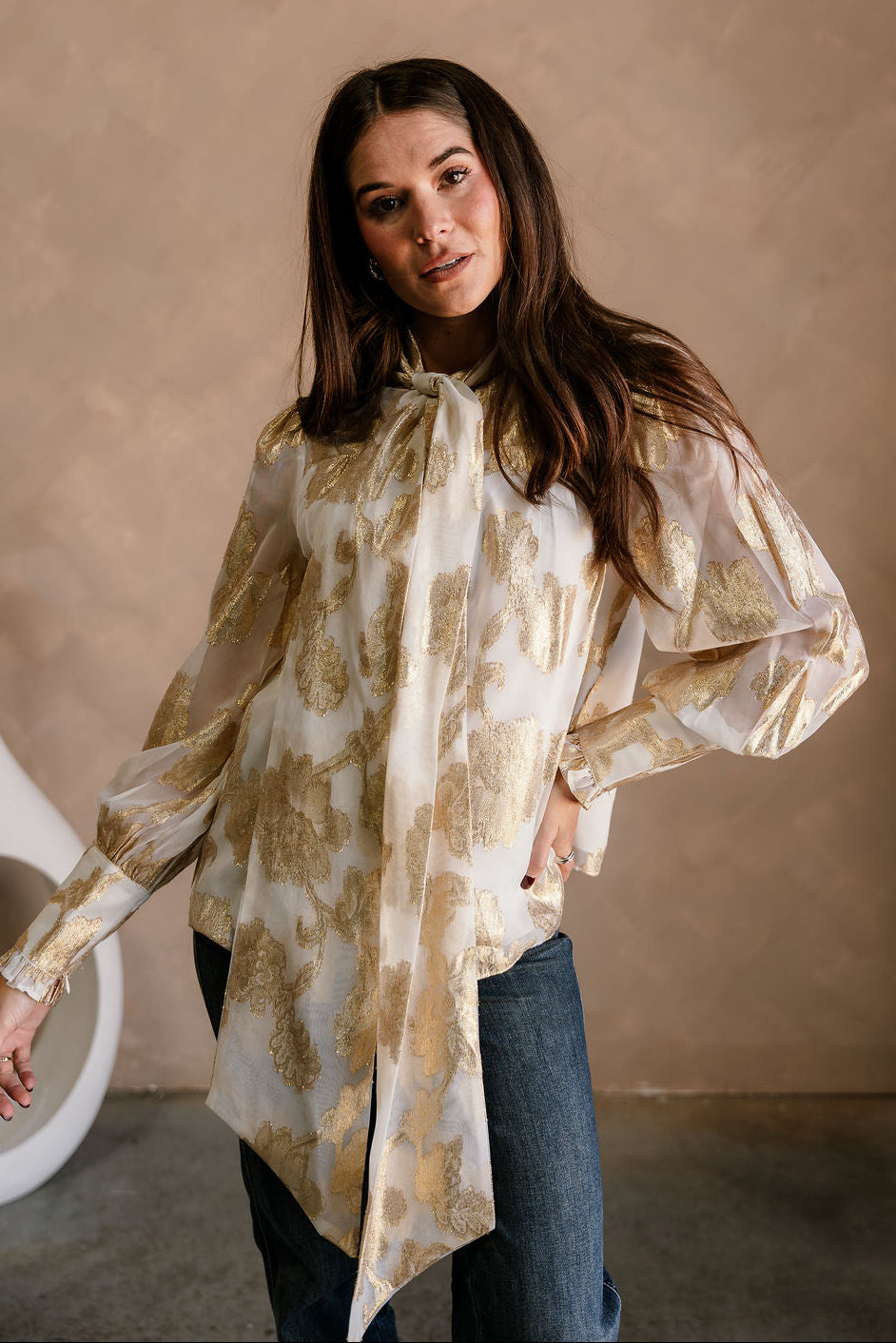 Bonnie Cream & Gold Floral Tie Neck Top - front