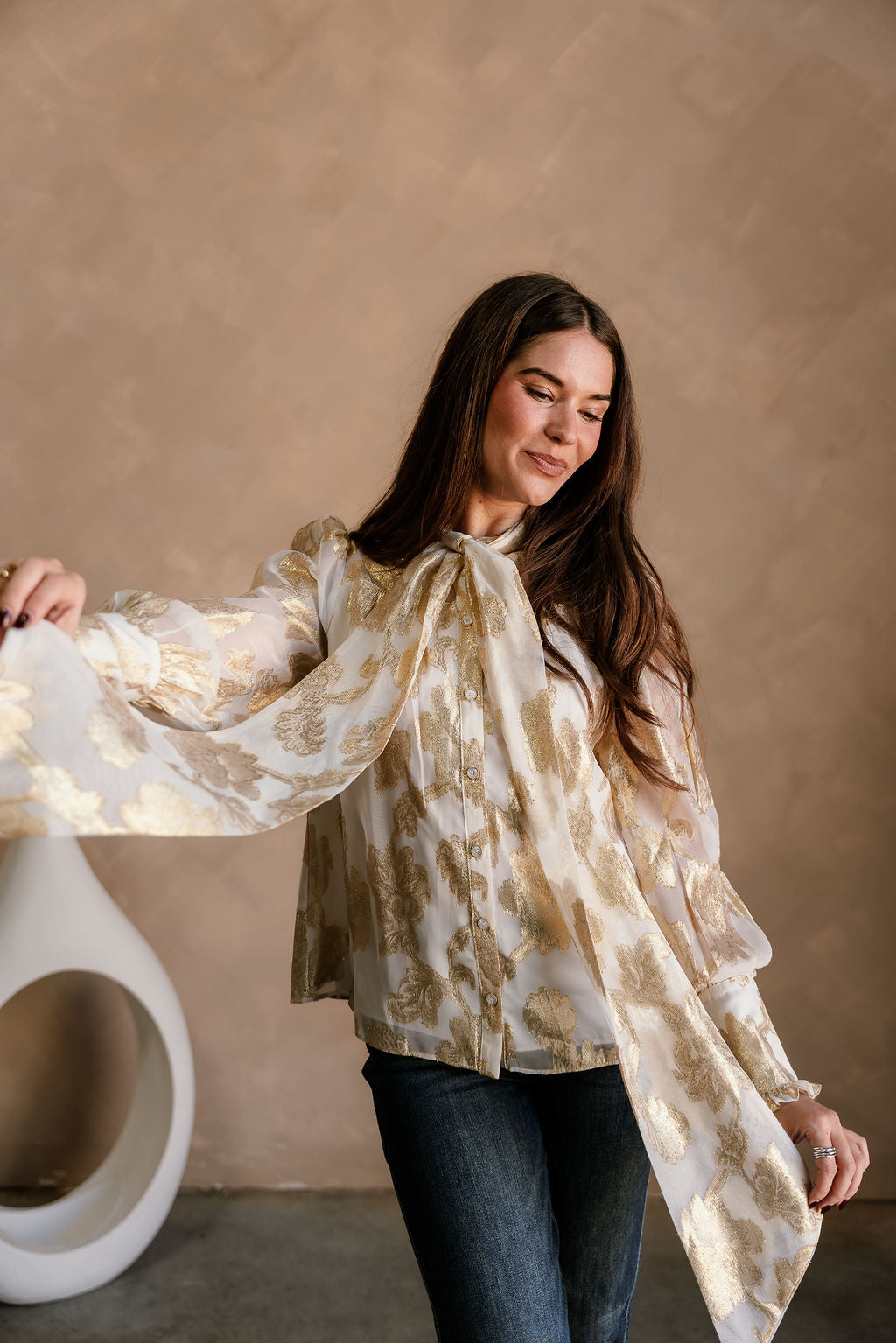 Bonnie Cream & Gold Floral Tie Neck Top - frontal view