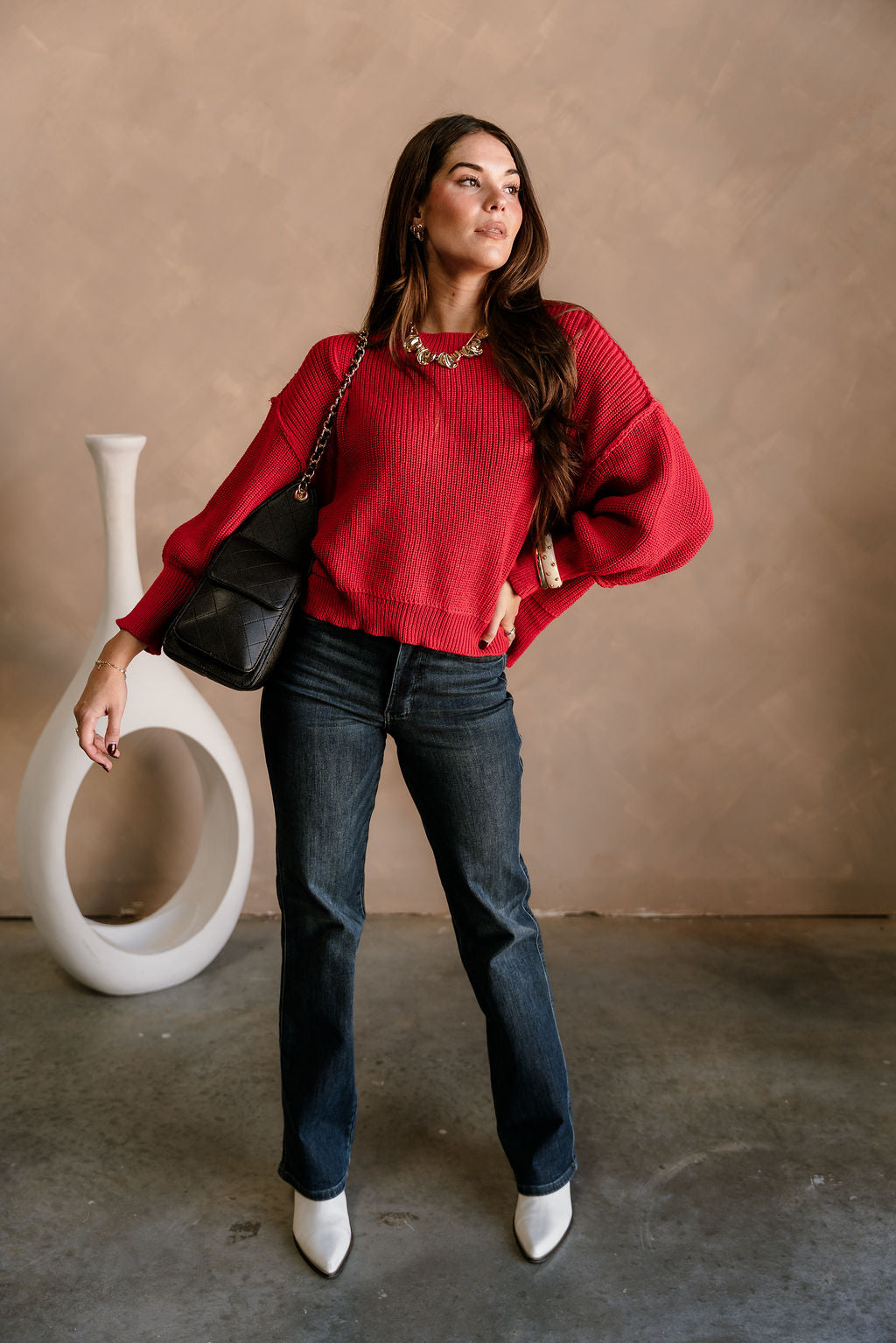 Molly Red Long Sleeve Sweater - full body front view