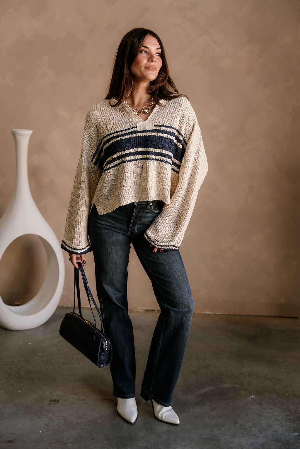 Jayme Taupe & Navy Striped Sweater - full body front view