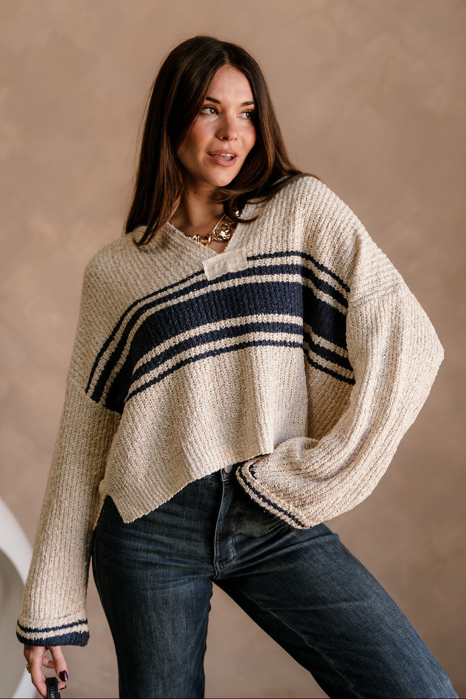 Jayme Taupe & Navy Striped Sweater - front view