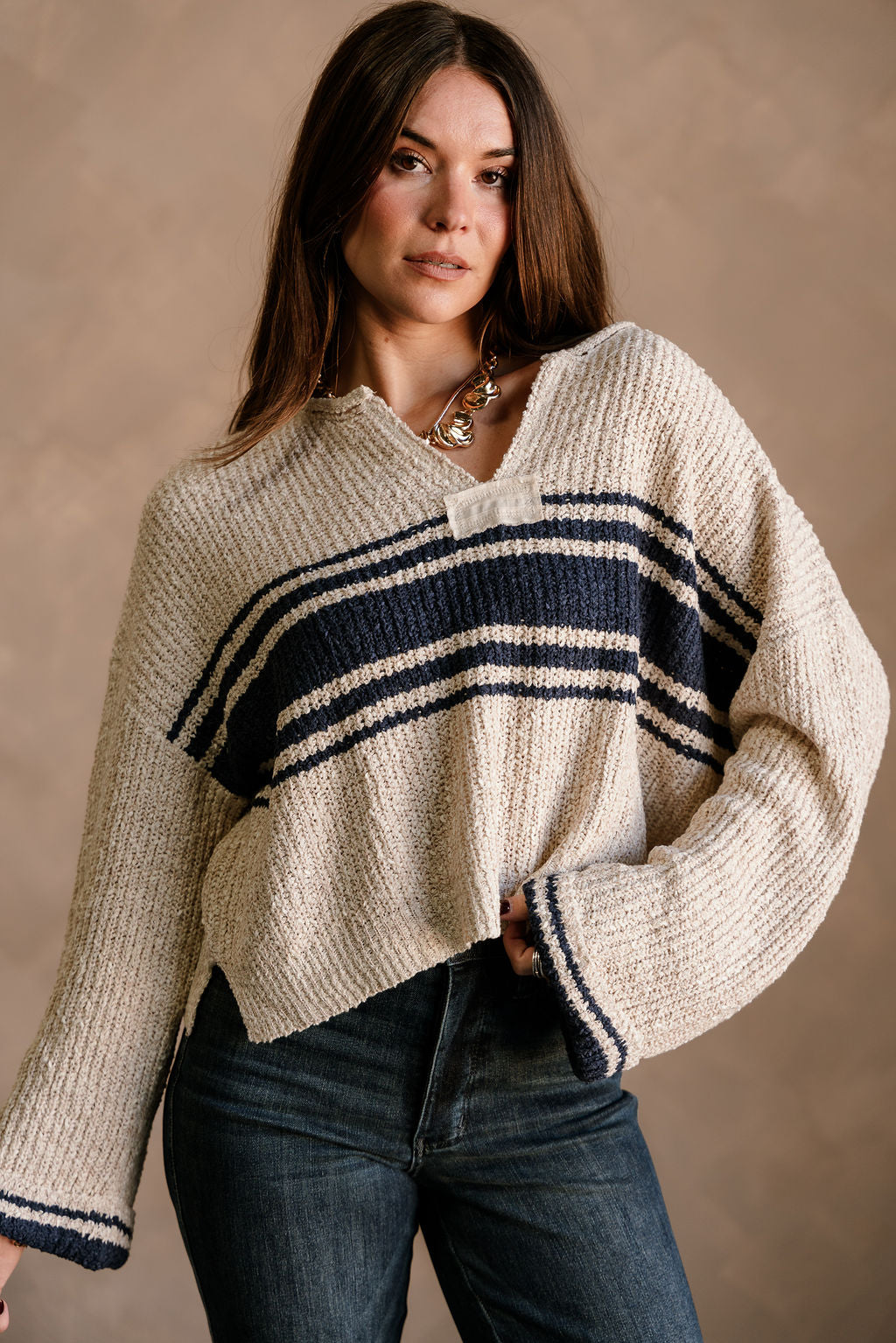 Jayme Taupe & Navy Striped Sweater - close front view
