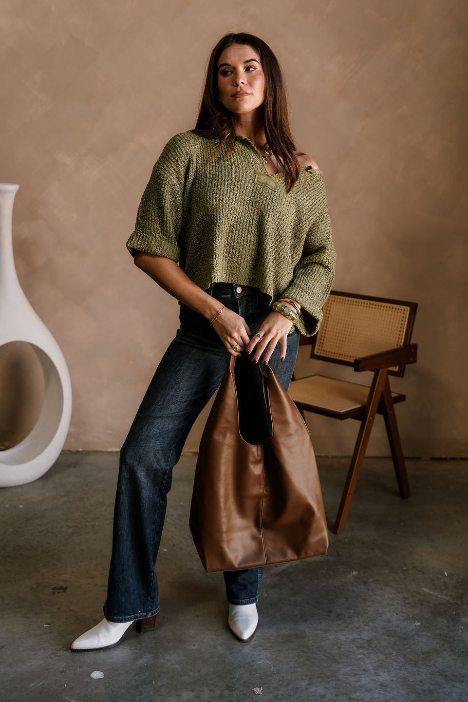 Piper Olive 3/4 Sleeve Sweater - full front view