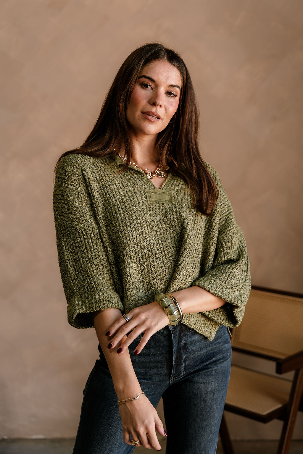 Piper Olive 3/4 Sleeve Sweater - front view