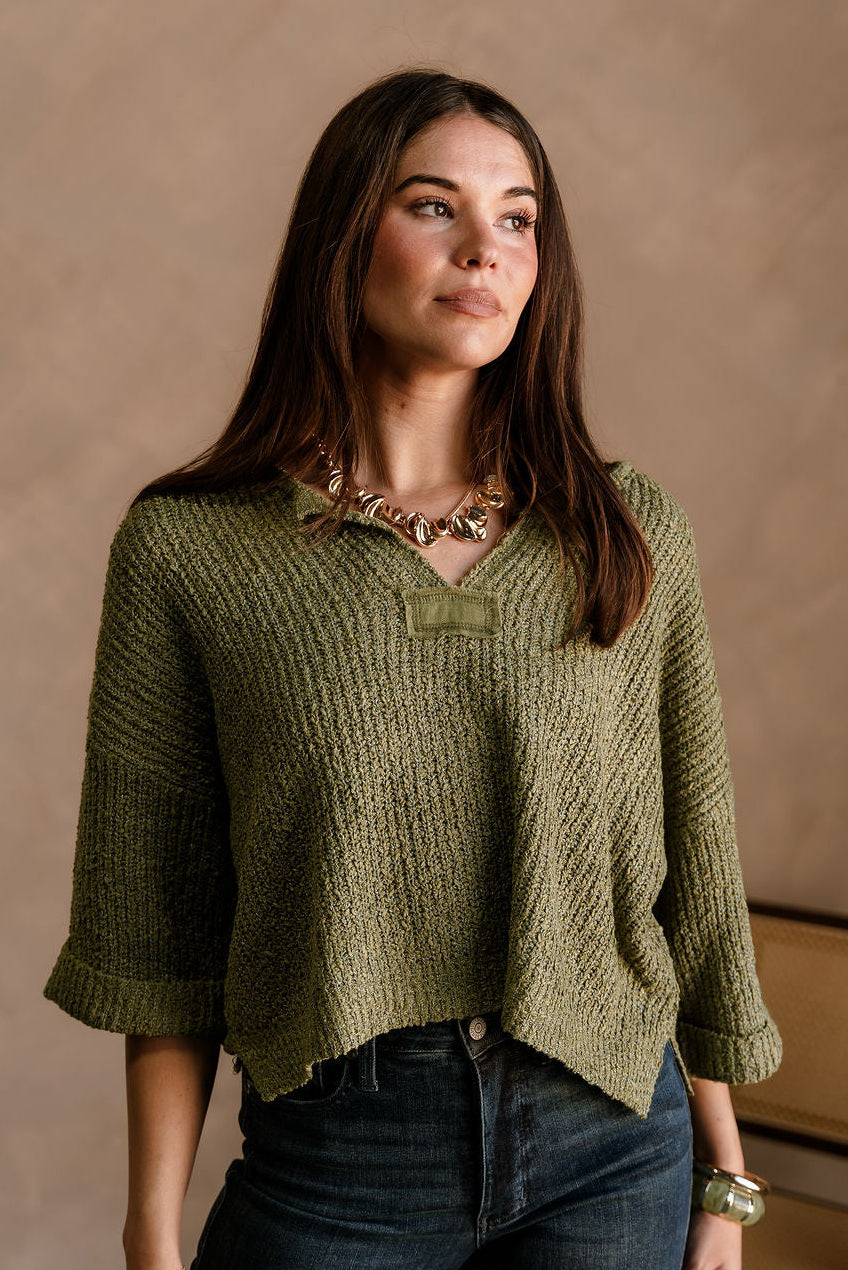 Piper Olive 3/4 Sleeve Sweater - close up front 