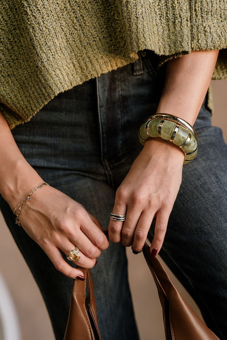 Joanie Green & Gold Bangle Set - shown on model's wrist