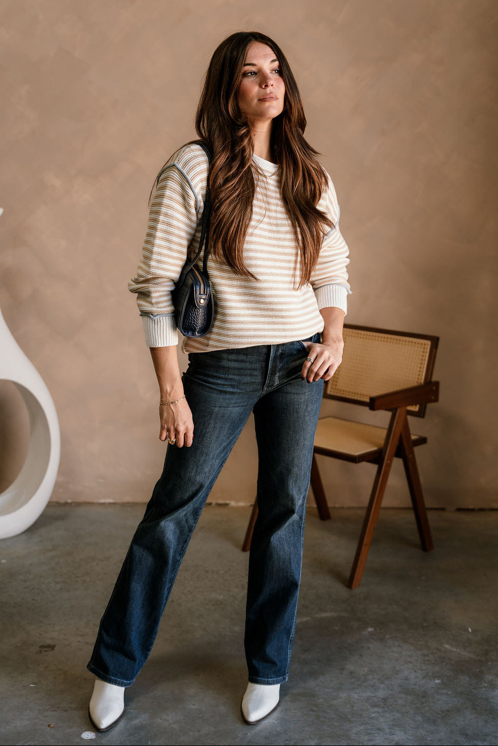 Candace White & Beige Striped Sweater - full body front view