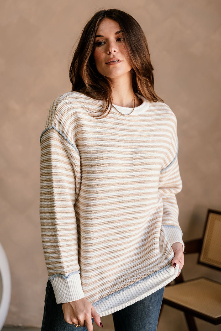 Candace White & Beige Striped Sweater - close front view