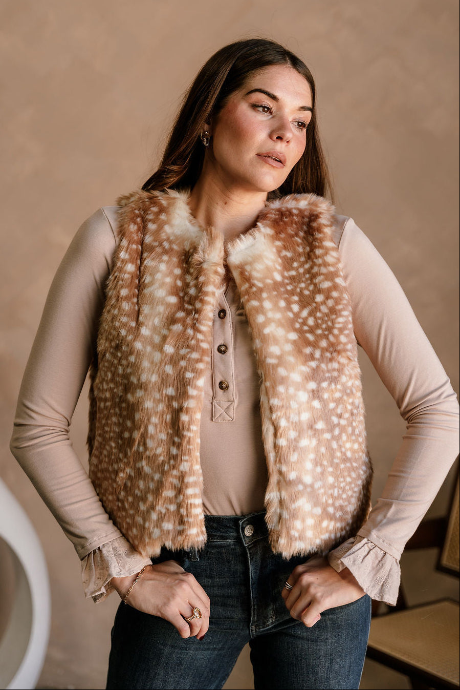 Zoey Brown Faux Fawn Fur Vest - front