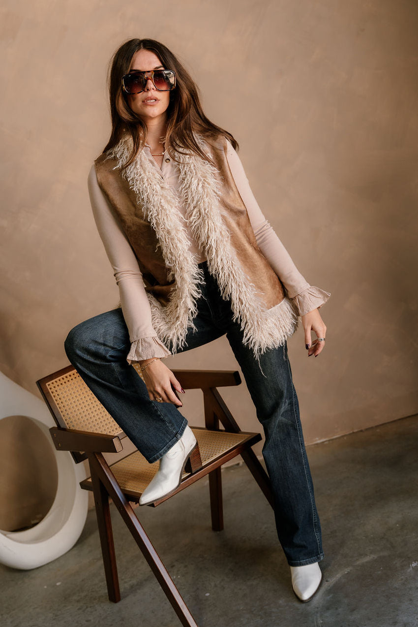 Macy Brown Suede & Shag Fur Vest - full body front view