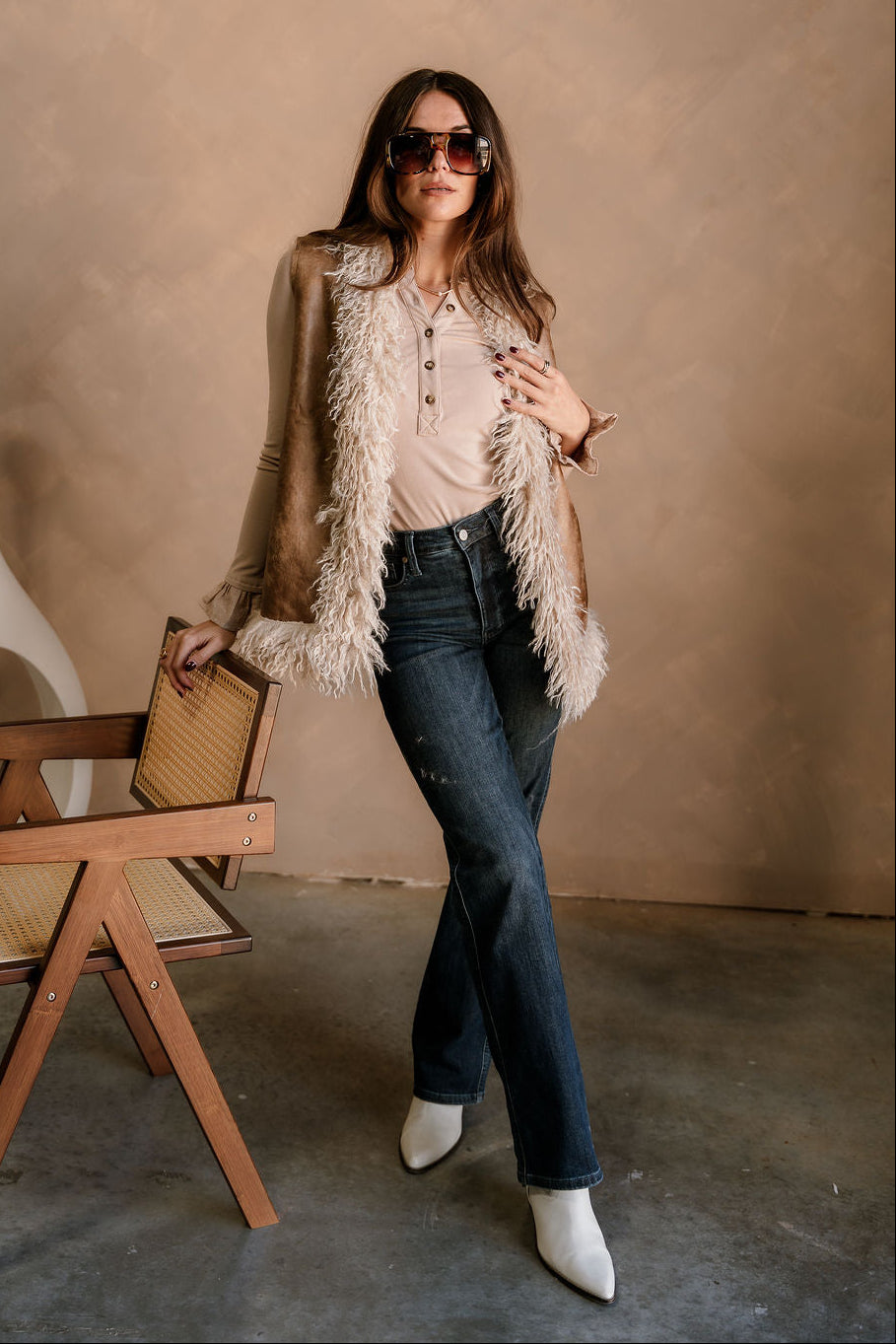 Macy Brown Suede & Shag Fur Vest - full body view