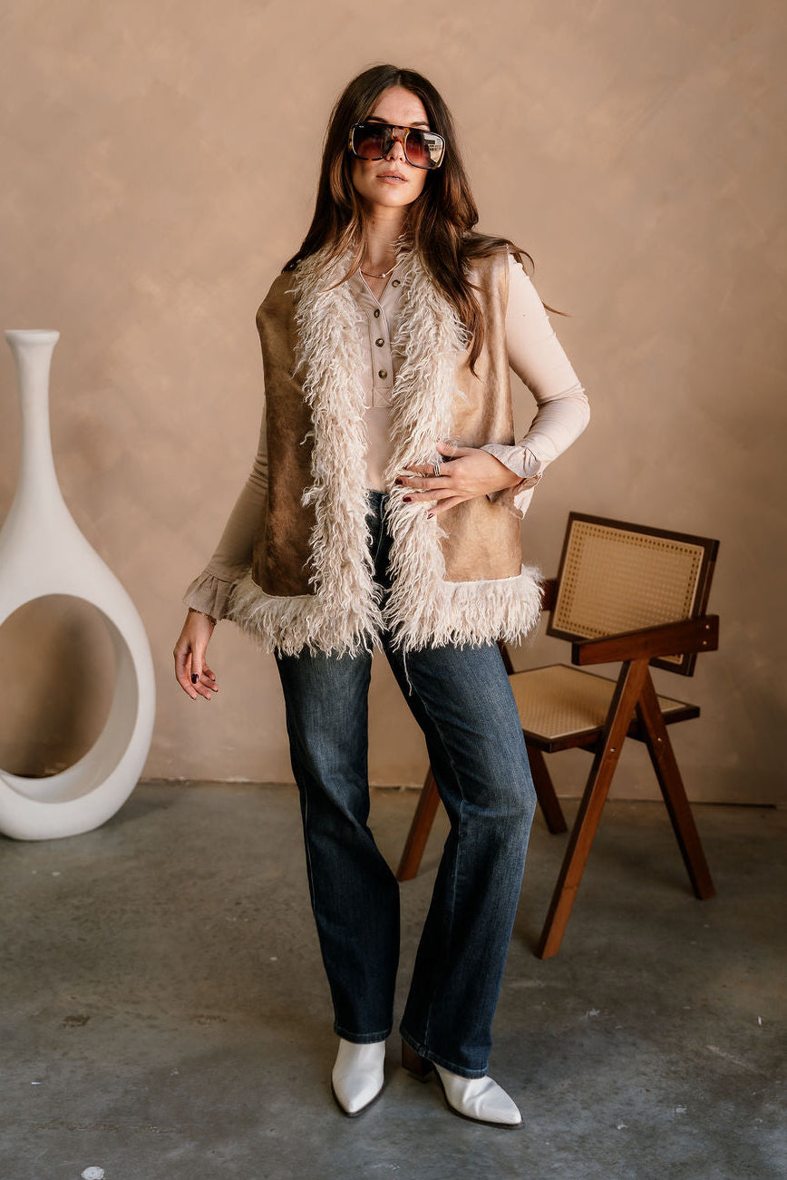 Macy Brown Suede & Shag Fur Vest - full front view
