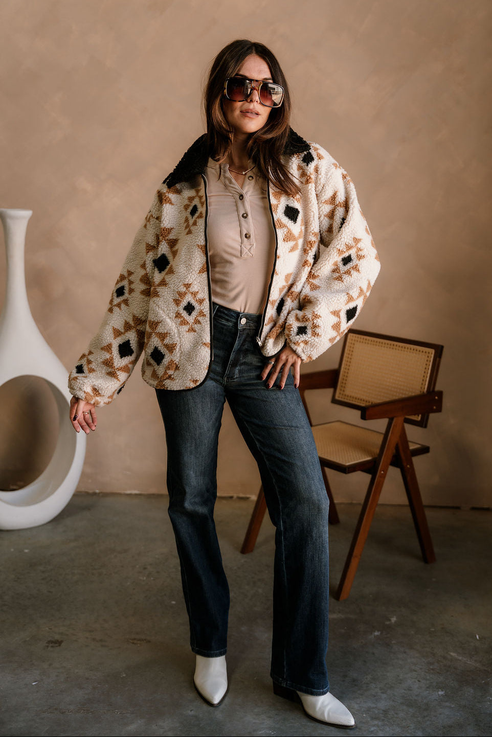 Journee Taupe Multi Sherpa Jacket- full body view