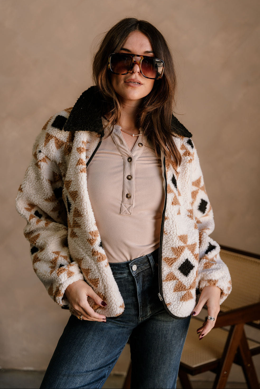 Journee Taupe Multi Sherpa Jacket- front view